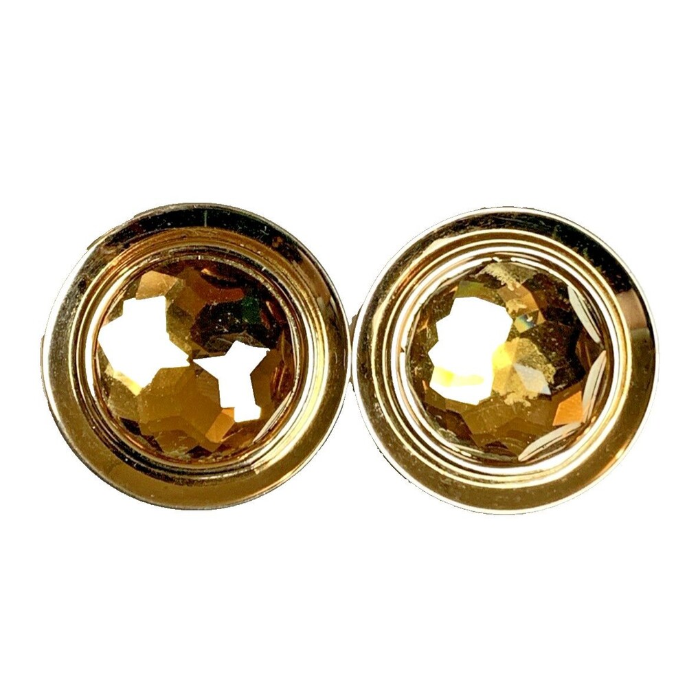 Vintage Bergere Amber Rhinestone Clip On Earrings Gold Tone Signed Round